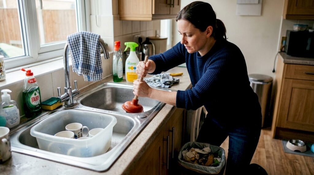 Homeowner using plunger on kitchen sink
