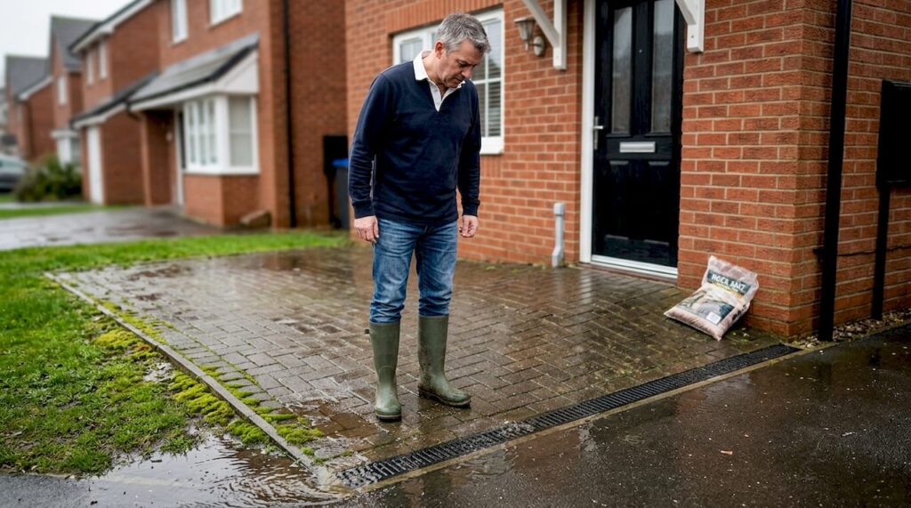 Homeowner monitors rainwater entering driveway drain