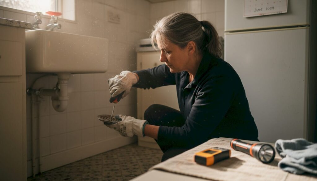 Homeowner performing step-by-step drain inspection