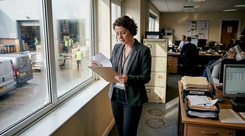 Manager inspects business drainage records back office