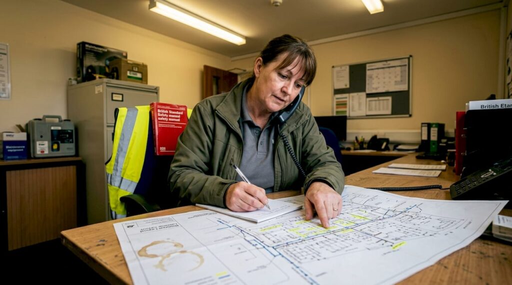 Property manager examining printed drainage map