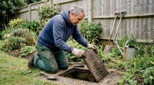 Homeowner inspecting backyard drain cover