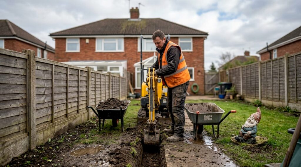 Engineer excavating garden drain behind UK house