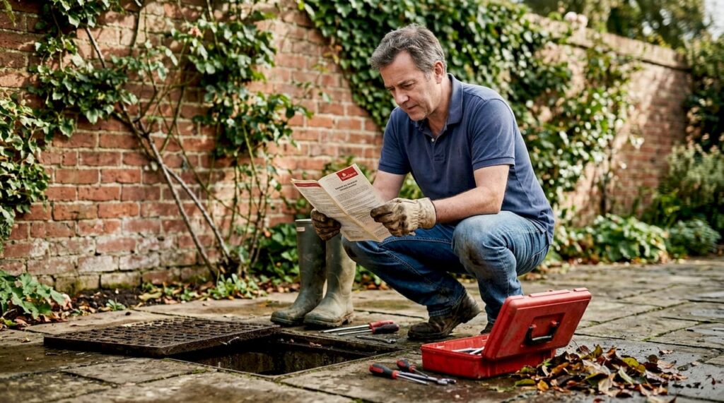 Homeowner reading drain warranty in garden