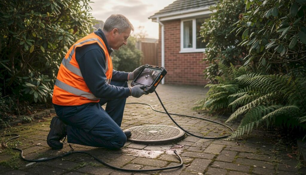 Drainage engineer inspecting outdoor UK drain