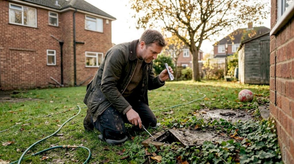 Homeowner inspecting garden drain cover