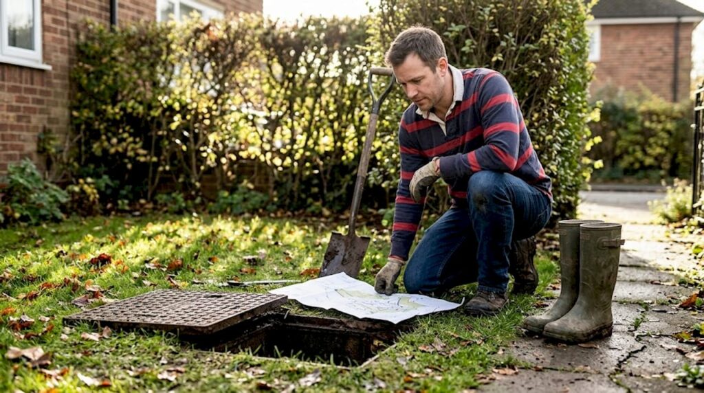 Homeowner checks open garden drain with tools