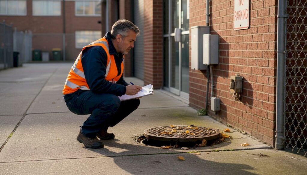 Facilities manager checking building storm drain