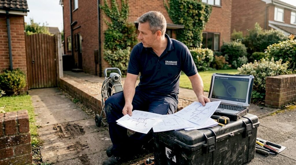 Technician reviewing drainage inspection results outdoors