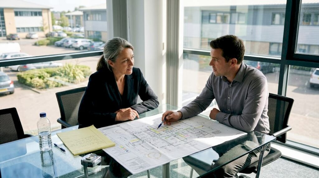 Facilities manager reviews drainage plan in office