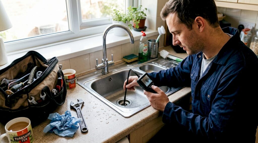 Plumber inspects blocked kitchen drain
