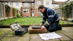 Engineer checking drain cover in UK garden