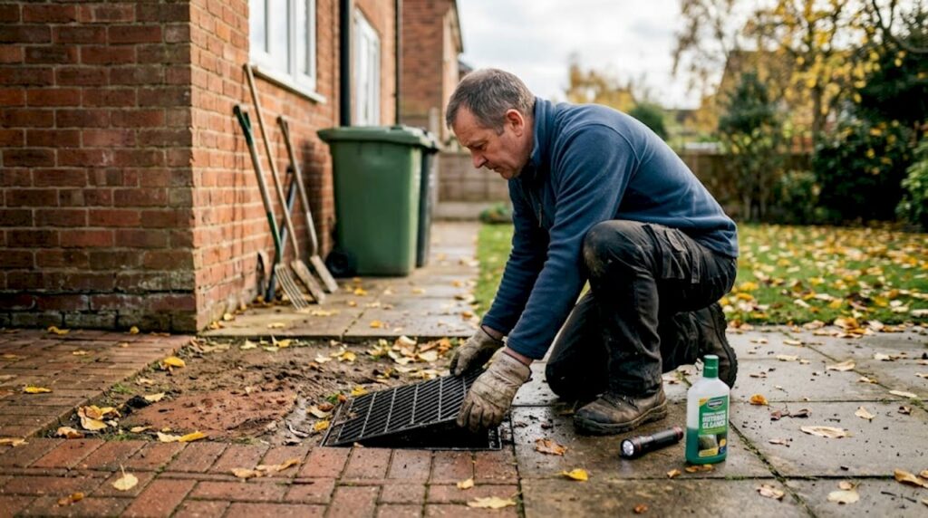 Homeowner checking outdoor drain in UK garden