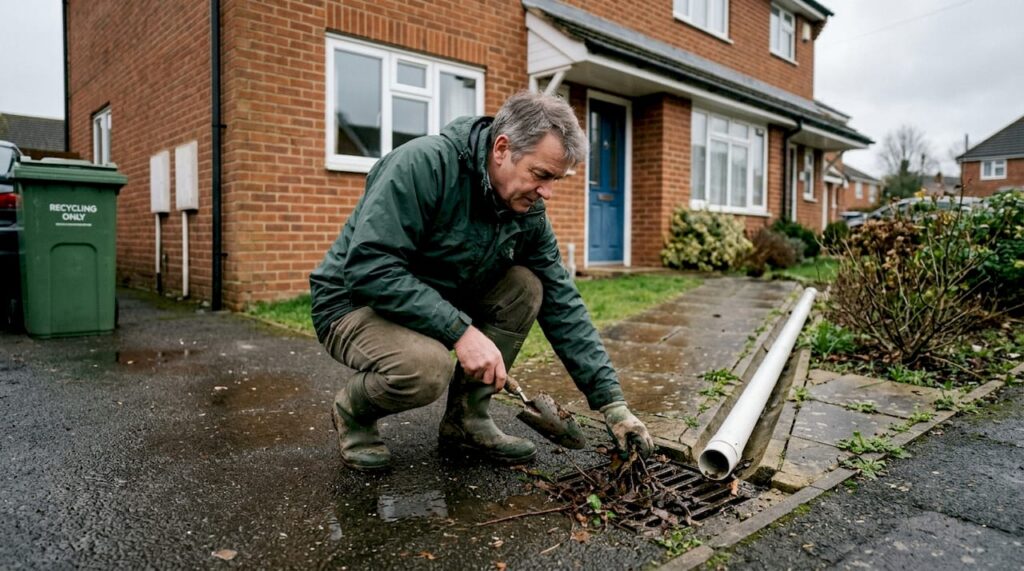 Homeowner clearing rainwater drainage by house
