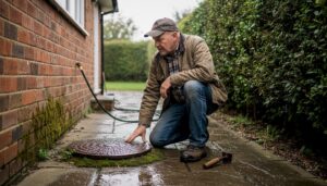 Homeowner inspecting old drain during rain