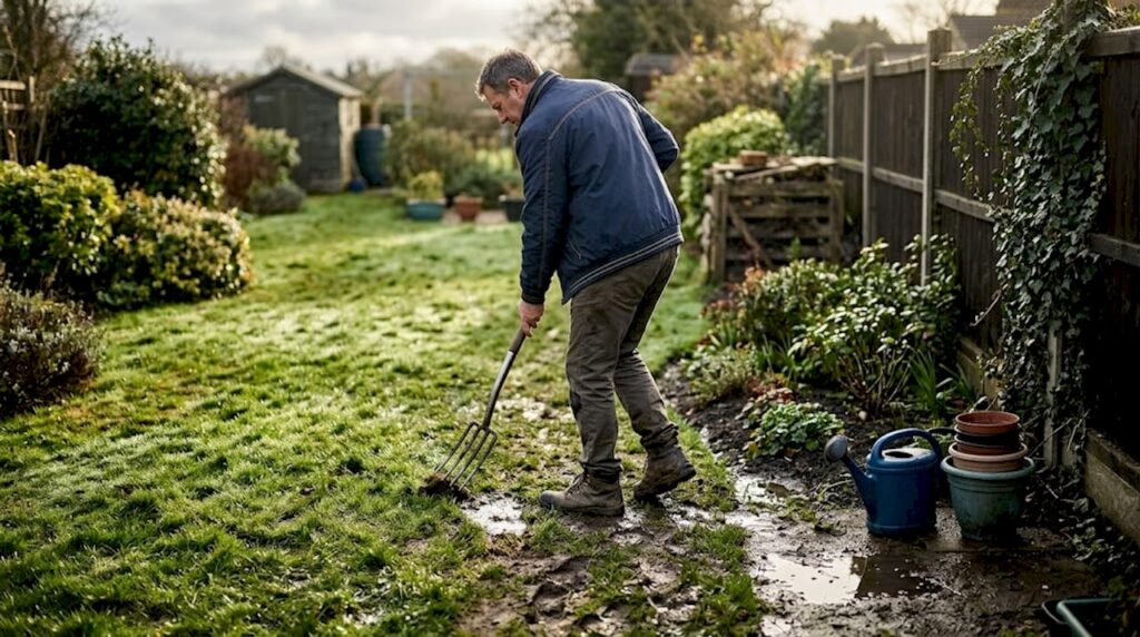 Homeowner inspecting soggy garden soil