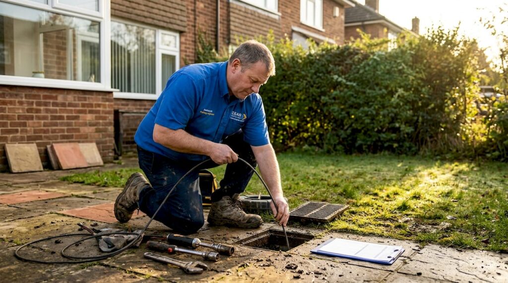 Engineer performing residential drain inspection
