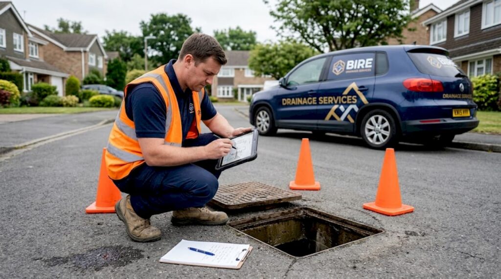 Engineer checks drainage sensors at open manhole