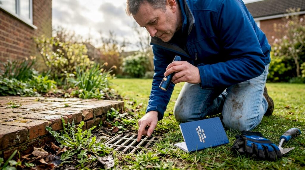 Homeowner inspecting outdoor property drain