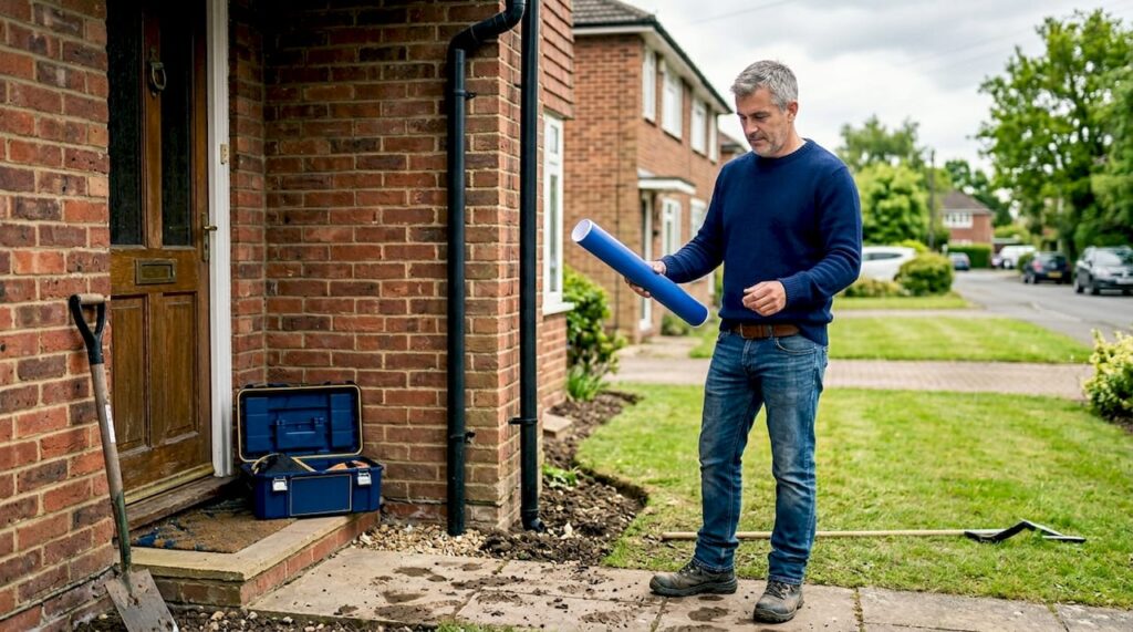 Homeowner with drainage plans outside UK house