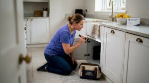 Homeowner inspecting kitchen sink drain for problems