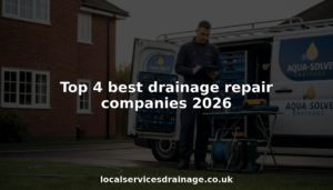 Drainage technician organizes equipment beside service van