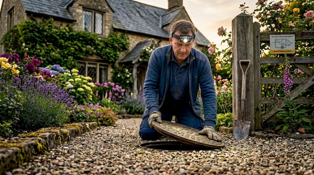 Homeowner inspecting driveway drainage cover