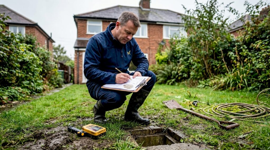 Surveyor inspects drainage system in garden
