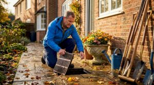 Homeowner checking outdoor drain by house
