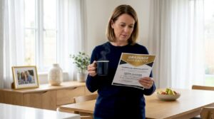Homeowner reading guarantee at kitchen island