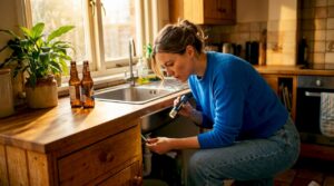 Homeowner inspecting kitchen sink drain