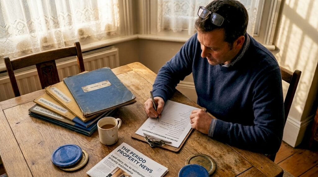 Landlord checking drainage maintenance checklist