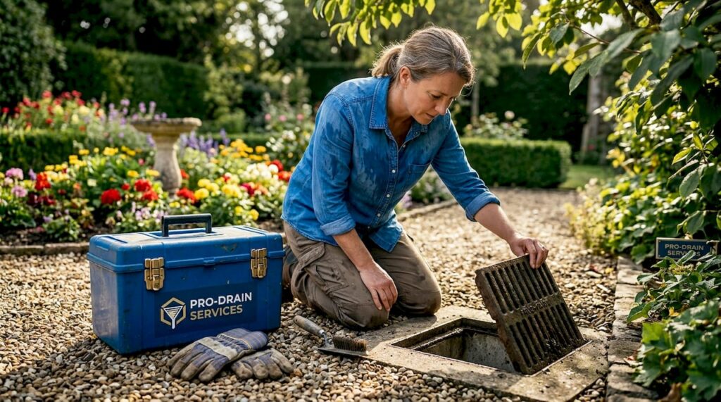 Homeowner inspecting driveway drainage grate