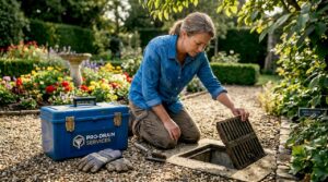 Homeowner inspecting driveway drainage grate