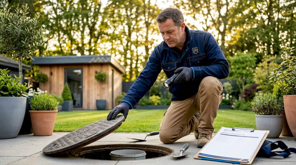 Homeowner inspecting yard drainage chamber