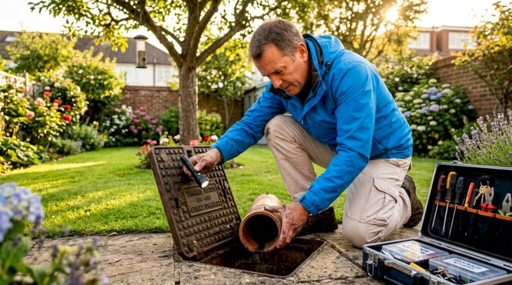 Homeowner inspecting backyard drain opening