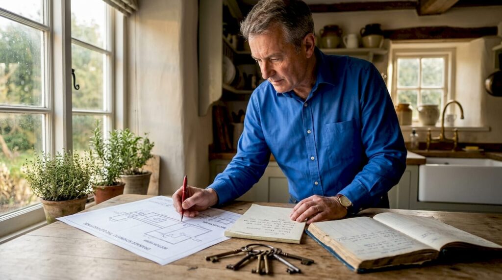 Landlord reviewing drainage plans at kitchen table